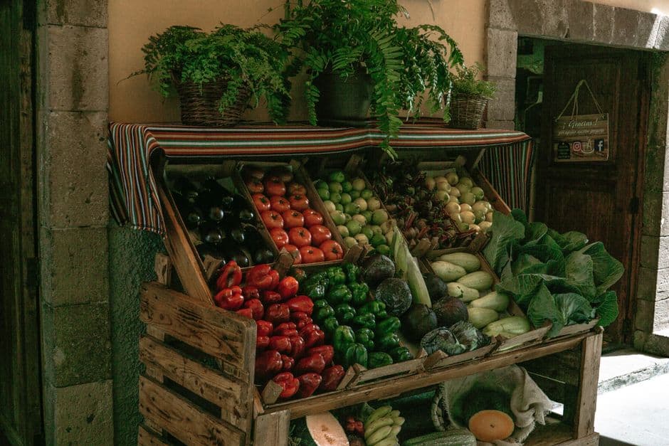 Colourful fresh vegetables on a market stall, food with no barcode for a food scanner for calories to look up by name